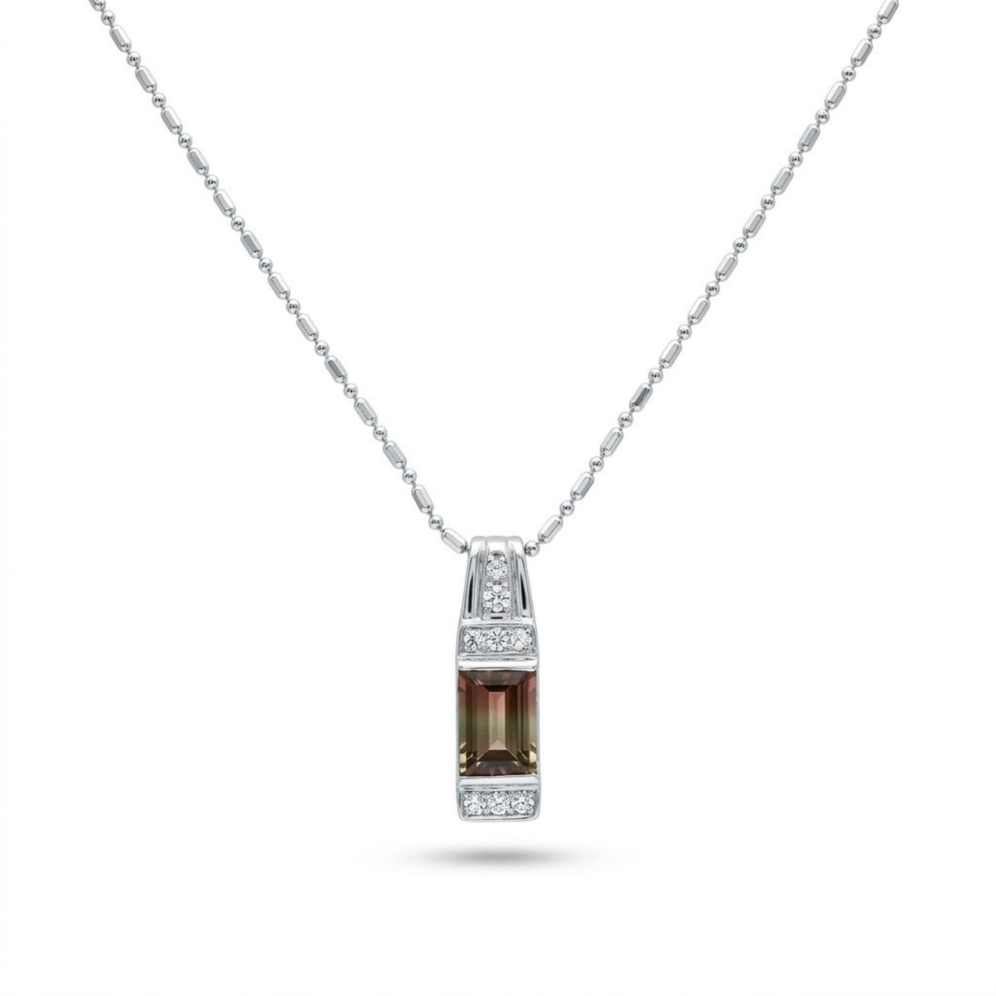18K 1.26ct Emerald Cut Bi-Color Tourmaline 0.08cttw White Diamonds Necklace