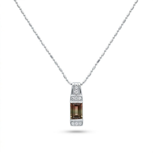 18K 1.26ct Emerald Cut Bi-Color Tourmaline 0.08cttw White Diamonds Necklace