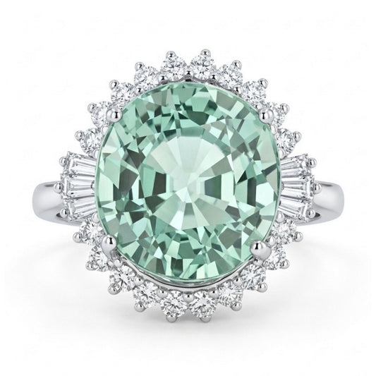 14K 9.18ct Oval Mint Tourmaline 0.59cttw White Diamonds Ring