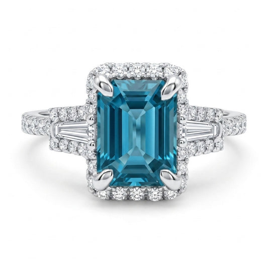 18K 2.53ct Emerald Cut Blue Zircon 0.46cttw White Diamonds Ring