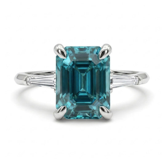 18K 2.66ct Emerald Cut Blue Zircon 0.11cttw Tapered Baguette White Diamond Ring