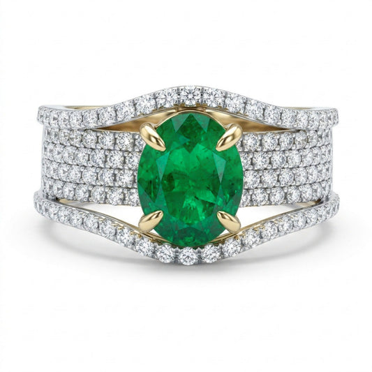 14K 1.42ct Oval Colombian Emerald 1.36cttw VS White Diamonds Ring
