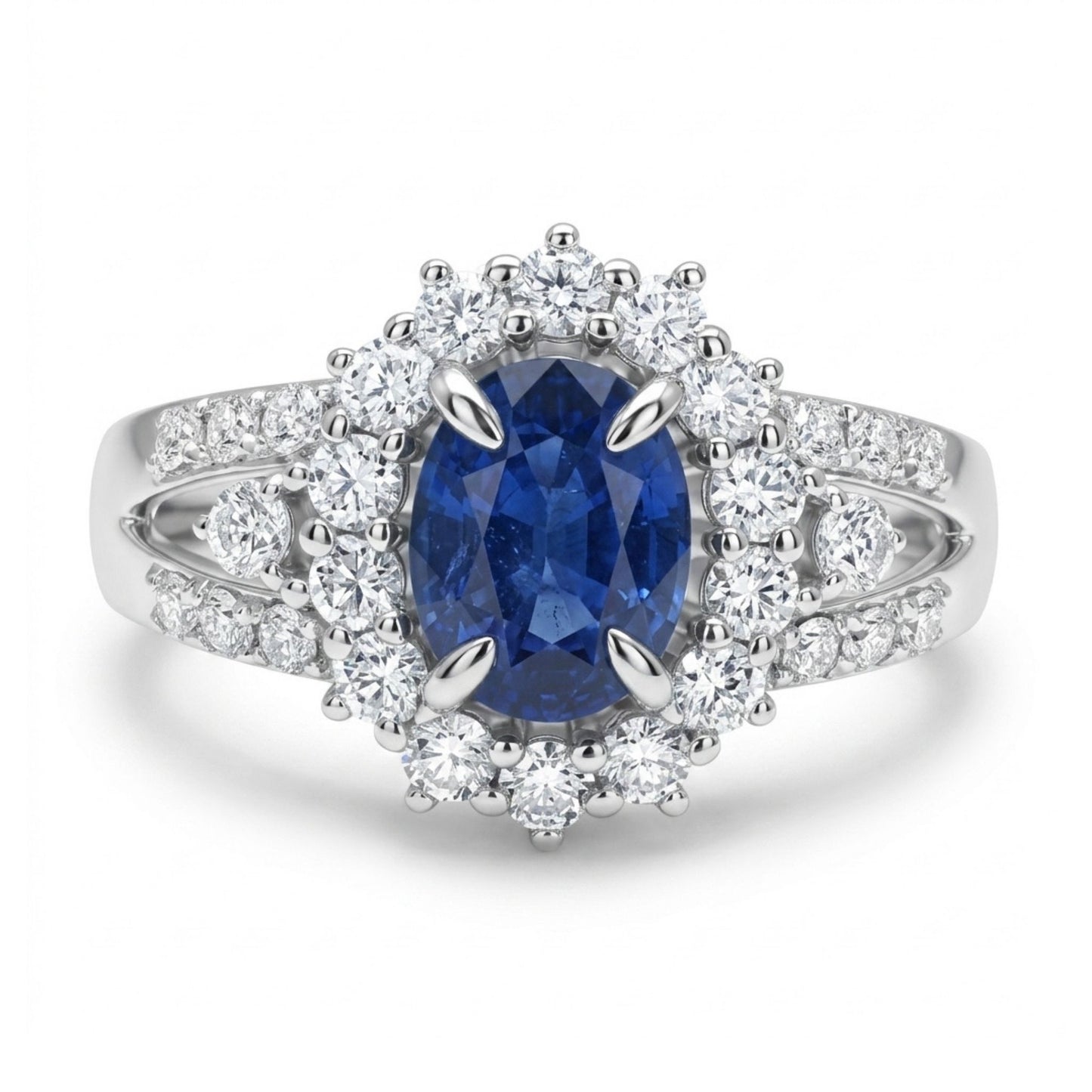 14K 1.47ct Oval Blue Sapphire 0.79cttw VS White Diamonds Ring