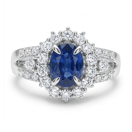 14K 1.47ct Oval Blue Sapphire 0.79cttw VS White Diamonds Ring