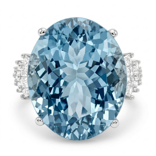 14K 7.87ct Oval Santa Maria Aquamarine 0.46cttw Baguette White Diamond Ring