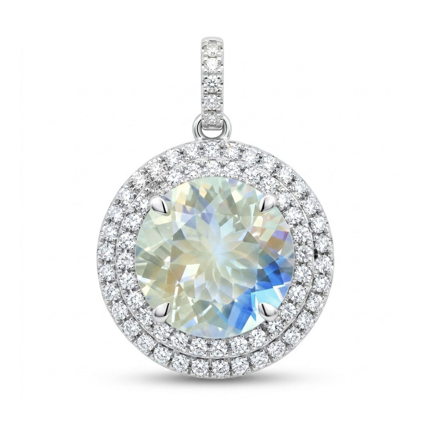 18K 3.00ct Round Moonstone 0.61cttw White Diamonds Pendant