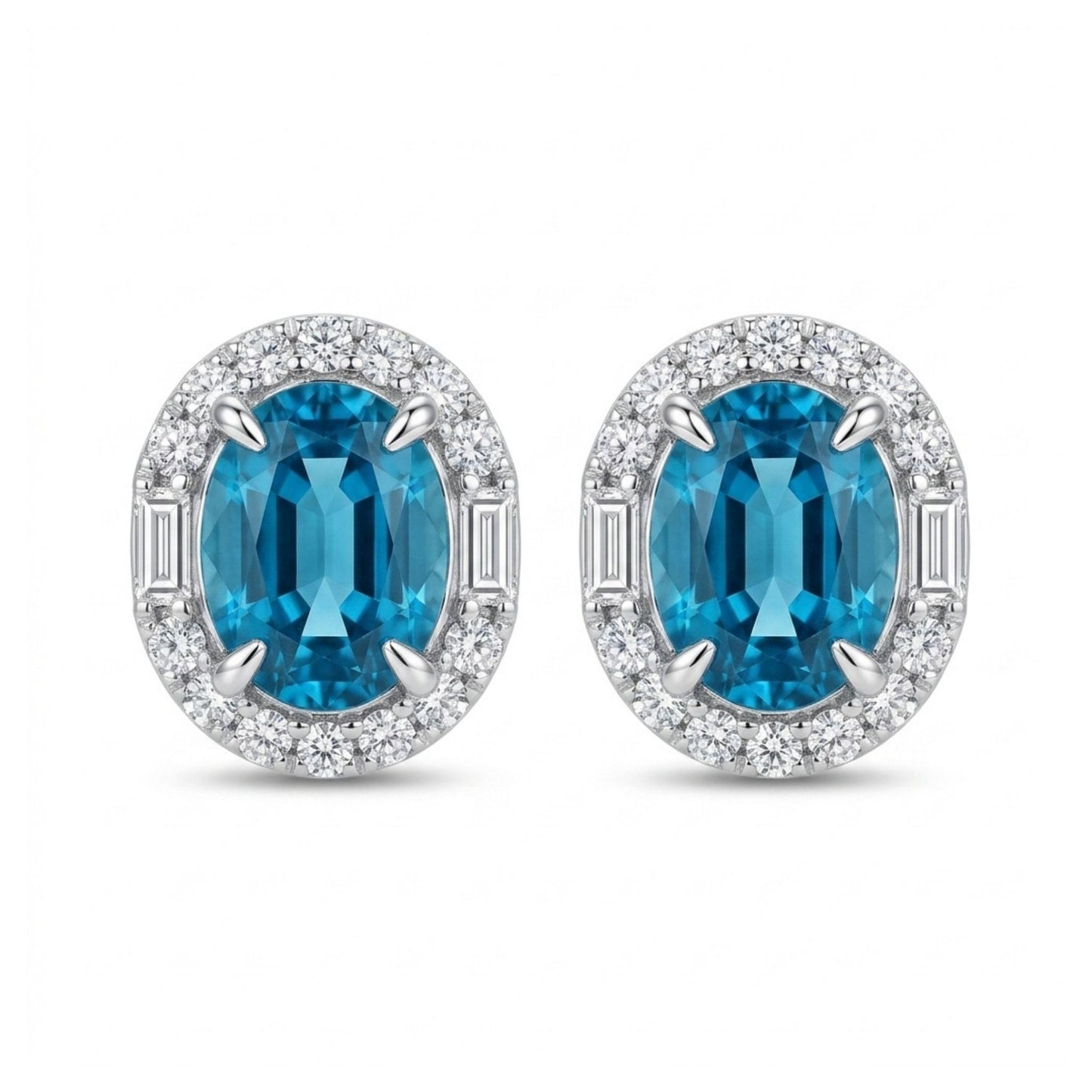 18K 6.24cttw Oval Blue Zircon 0.53cttw White Diamonds Stud Earrings