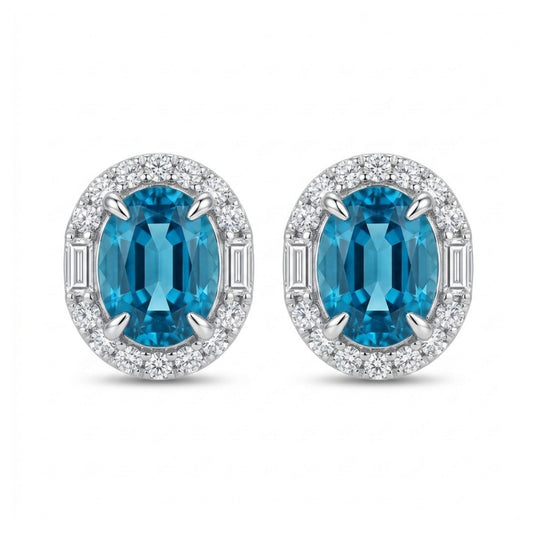 18K 6.24cttw Oval Blue Zircon 0.53cttw White Diamonds Stud Earrings