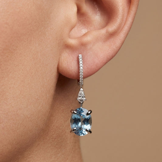 18K 3.24cttw Oval Santa Maria Aquamarine 0.48cttw White Diamonds Drop Earrings