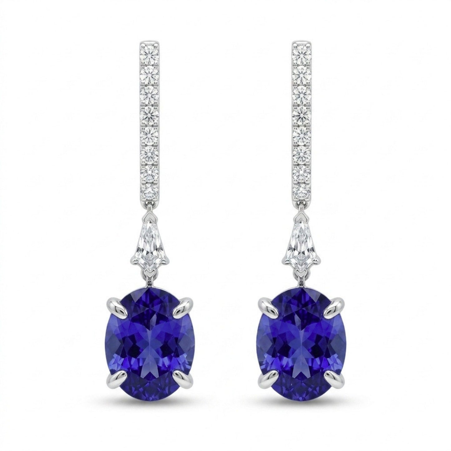18K 6.40cttw Oval Blue Wing Tanzanite 0.47cttw White Diamonds Drop Earrings