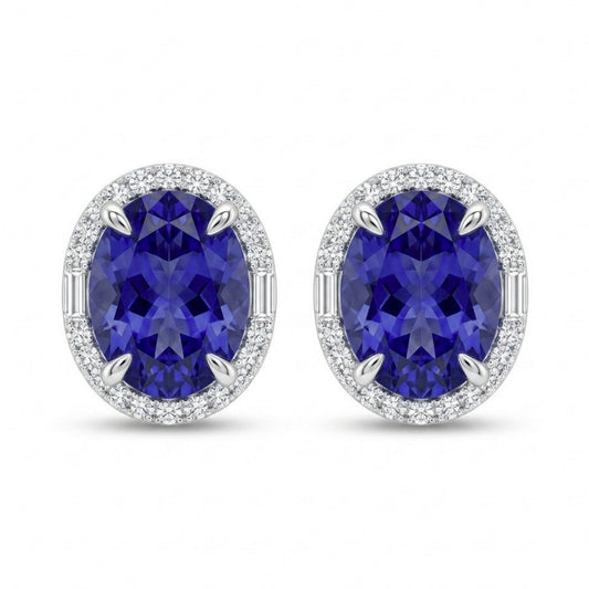 18K 6.42cttw Oval Blue Wing Tanzanite 0.61cttw White Diamonds Stud Earrings