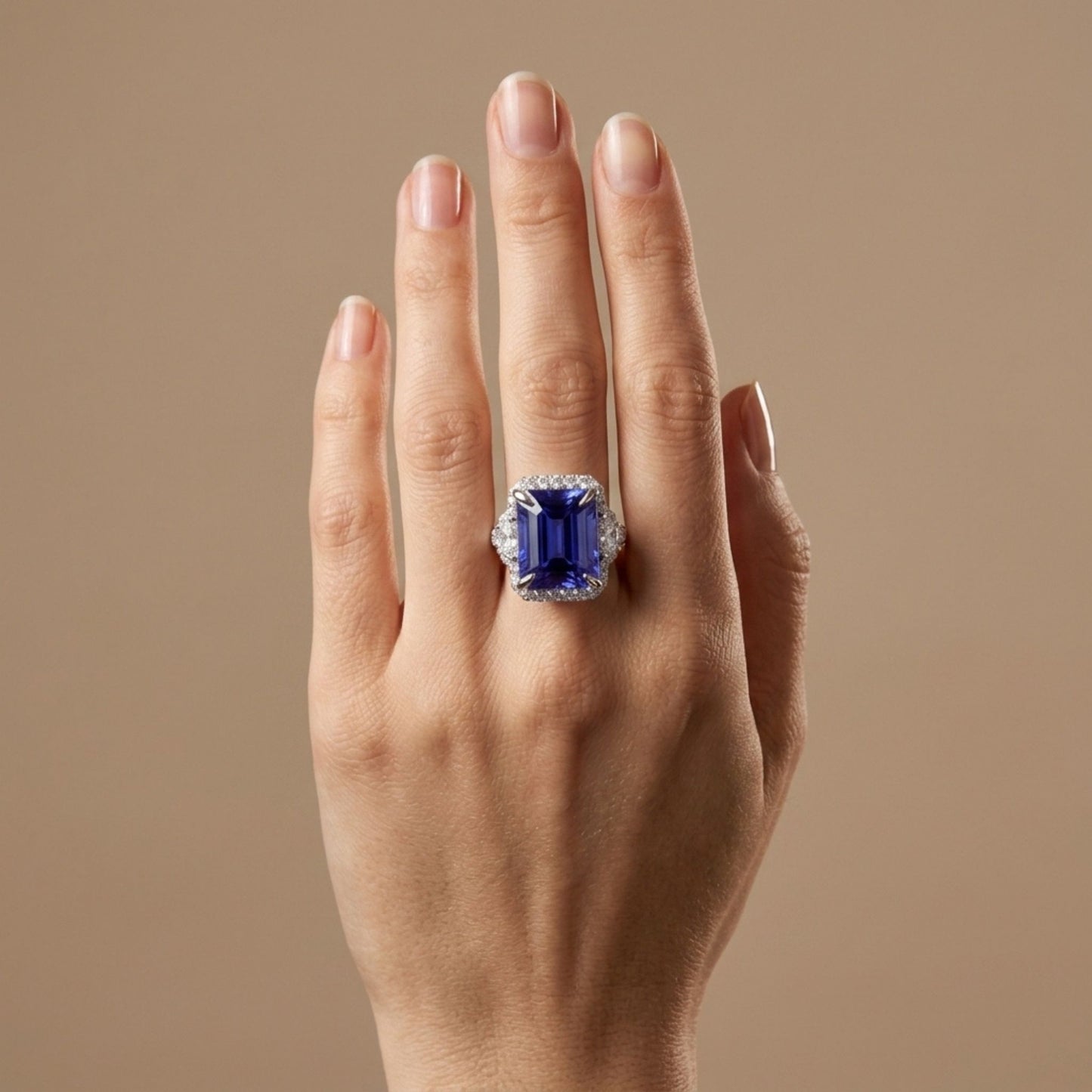 18K 10.16ct Emerald Cut Blue Wing Tanzanite 1.22cttw White Diamonds Ring