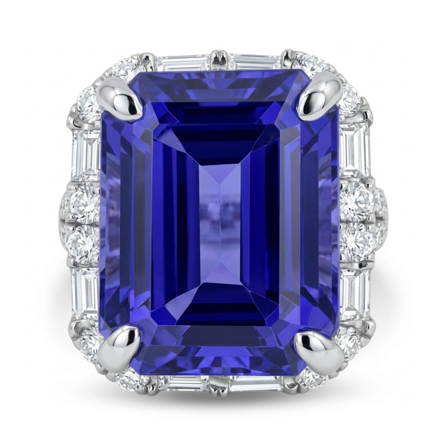 18K 10.00ct Emerald Cut Blue Wing Tanzanite 1.04cttw White Diamonds Ring