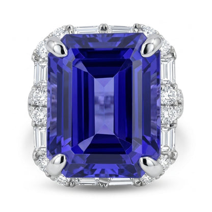 18K 10.00ct Emerald Cut Blue Wing Tanzanite 1.04cttw White Diamonds Ring