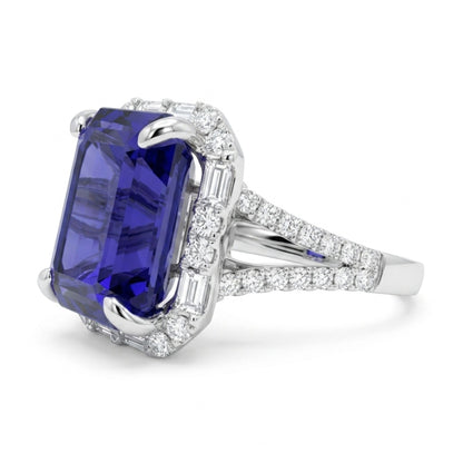 18K 10.00ct Emerald Cut Blue Wing Tanzanite 1.04cttw White Diamonds Ring