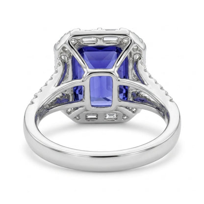 18K 10.00ct Emerald Cut Blue Wing Tanzanite 1.04cttw White Diamonds Ring