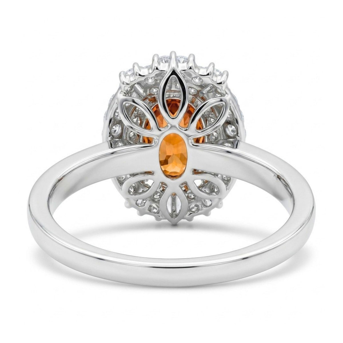 18K gold oval mandarin garnet ring with VS white diamonds