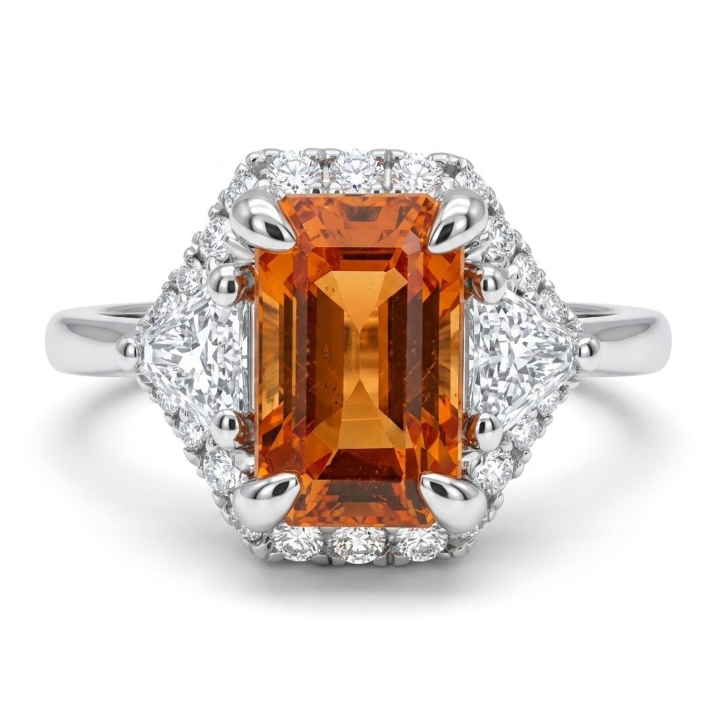 18K 1.41ct Emerald Cut Mandarin Garnet 0.29cttw White Diamonds Ring