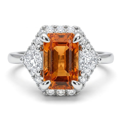 18K 1.41ct Emerald Cut Mandarin Garnet 0.29cttw White Diamonds Ring