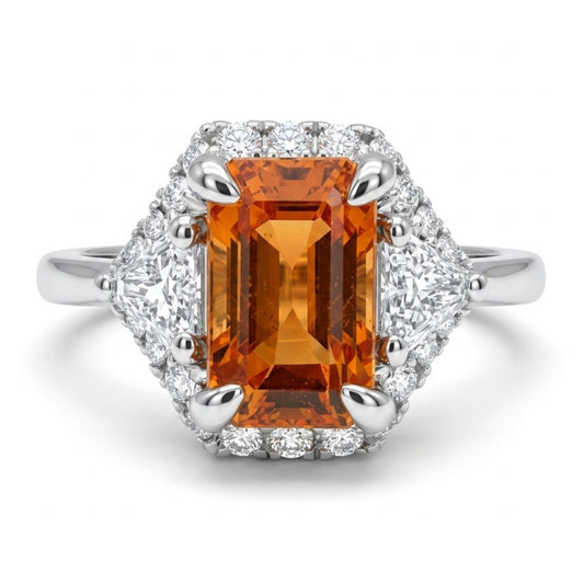 18K 1.41ct Emerald Cut Mandarin Garnet 0.29cttw White Diamonds Ring