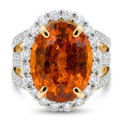 14K 6.59ct Oval Mandarin Garnet 1.11cttw VS White Diamonds Ring