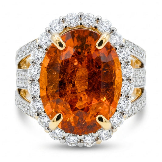 14K 6.59ct Oval Mandarin Garnet 1.11cttw VS White Diamonds Ring