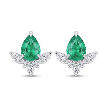 14K 0.54cttw Pear Shape Colombian Emerald 0.32cttw VS White Diamonds Stud Earrings