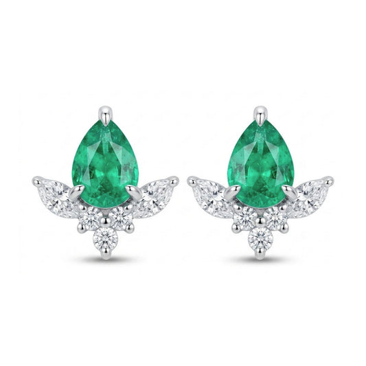 14K 0.54cttw Pear Shape Colombian Emerald 0.32cttw VS White Diamonds Stud Earrings