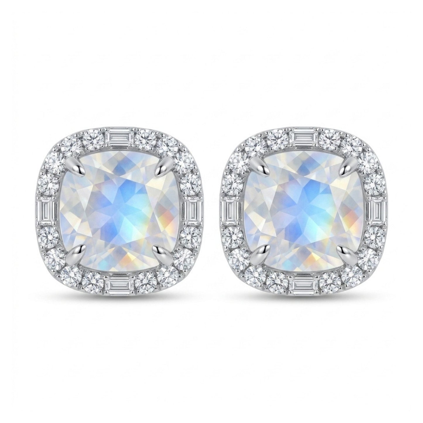 18K 4.10cttw Cushion Moonstone 0.52cttw White Diamonds Stud Earrings