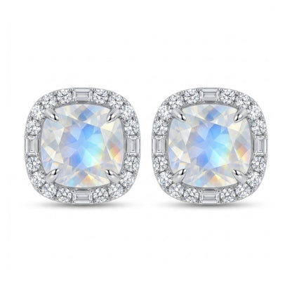 18K 4.10cttw Cushion Moonstone 0.52cttw White Diamonds Stud Earrings