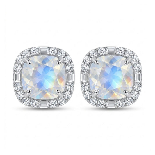 18K 4.10cttw Cushion Moonstone 0.52cttw White Diamonds Stud Earrings