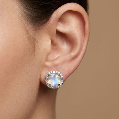 18K 4.10cttw Cushion Moonstone 0.52cttw White Diamonds Stud Earrings