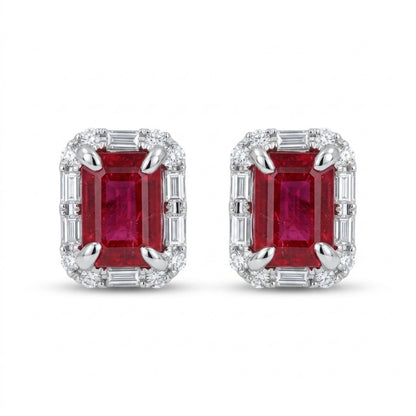 18K 2.10cttw Emerald Cut Burma Ruby 0.52cttw White Diamonds Stud Earrings