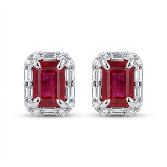 18K 2.10cttw Emerald Cut Burma Ruby 0.52cttw White Diamonds Stud Earrings