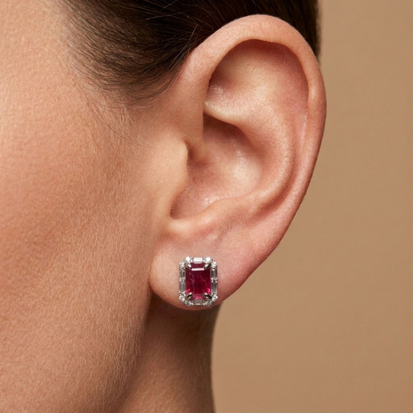 18K 2.10cttw Emerald Cut Burma Ruby 0.52cttw White Diamonds Stud Earrings