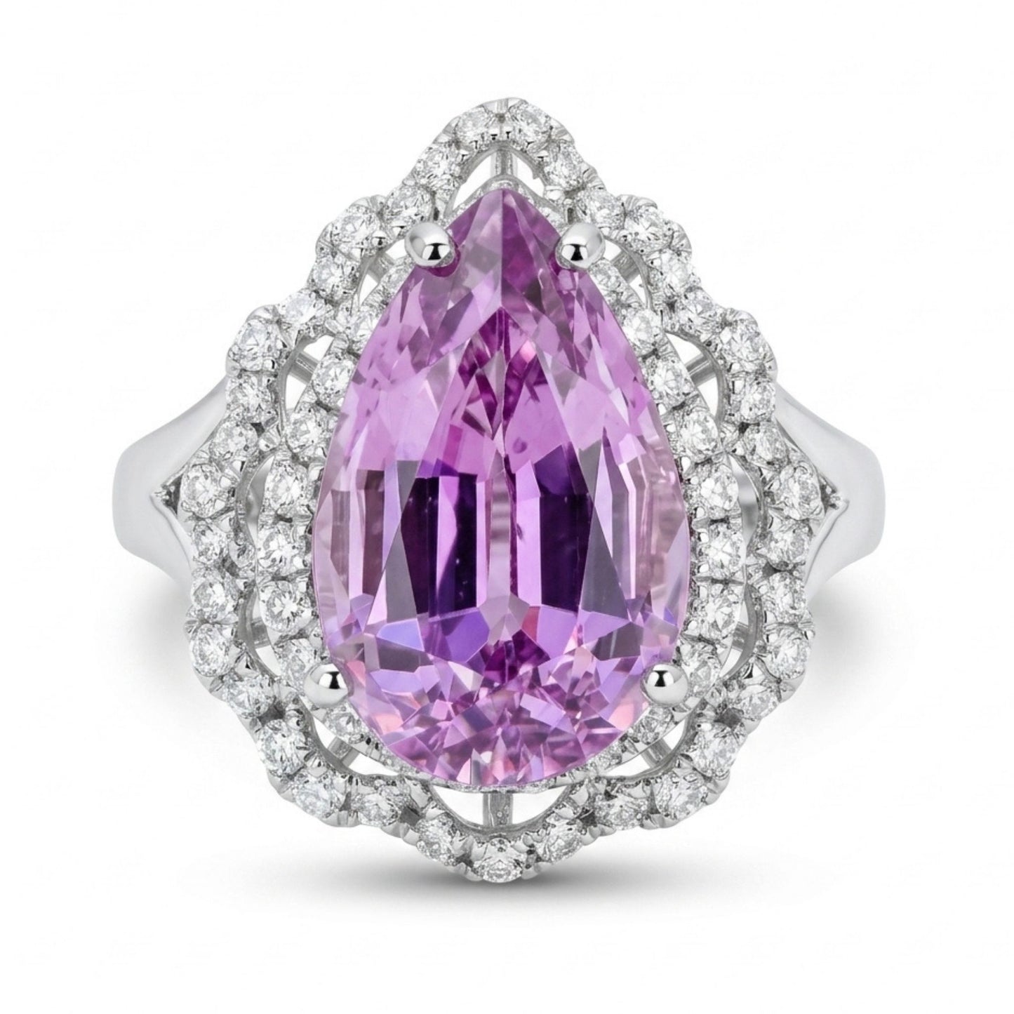 14K 4.08ct Pear Shape Kunzite 0.50cttw VS White Diamonds Ring