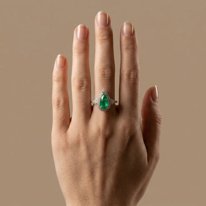 14K 1.86ct Pear Shape Colombian Emerald 0.50cttw VS White Diamonds Ring