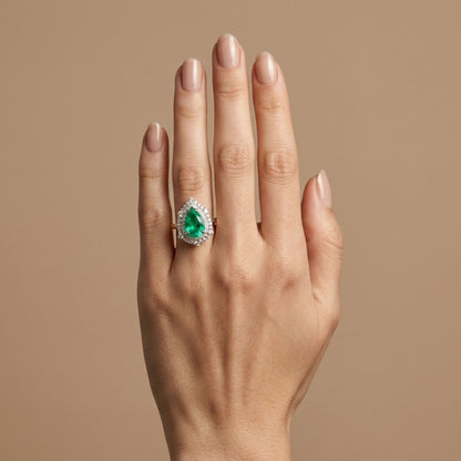 14K 2.09ct Pear Shape Colombian Emerald 1.02cttw VS White Diamonds Ring
