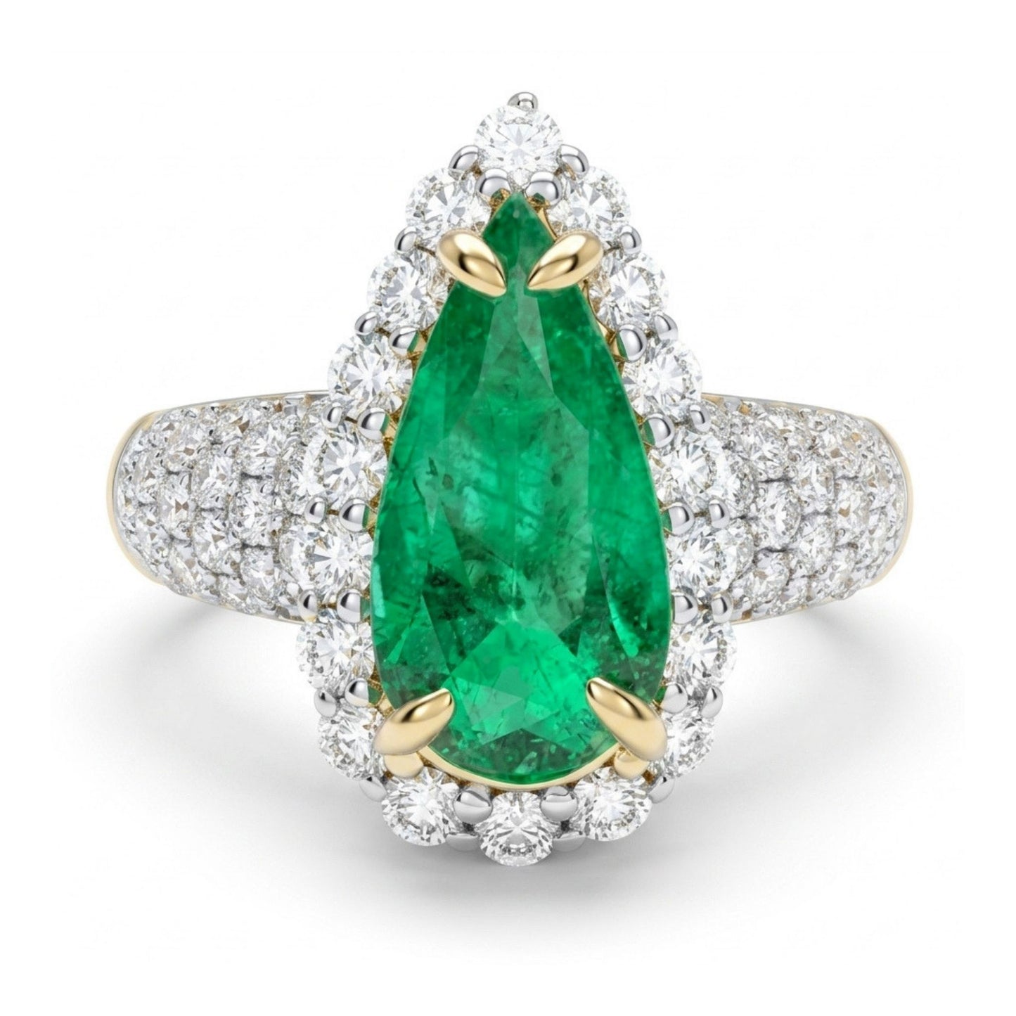 14K 1.71ct Pear Shape Colombian Emerald 1.06cttw VS White Diamonds Ring
