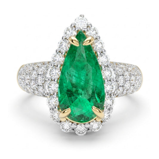 14K 1.71ct Pear Shape Colombian Emerald 1.06cttw VS White Diamonds Ring