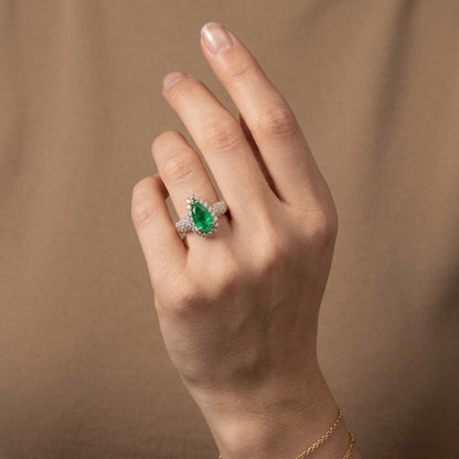 14K 1.71ct Pear Shape Colombian Emerald 1.06cttw VS White Diamonds Ring