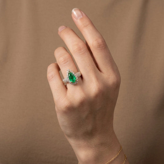 14K 1.71ct Pear Shape Colombian Emerald 1.06cttw VS White Diamonds Ring