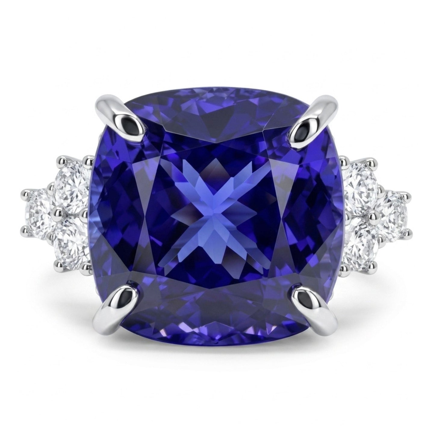 14K 15.30ct Cushion Blue Wing Tanzanite 0.78cttw VS White Diamonds Ring