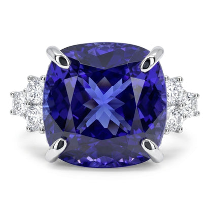 14K 15.30ct Cushion Blue Wing Tanzanite 0.78cttw VS White Diamonds Ring