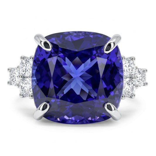 14K 15.30ct Cushion Blue Wing Tanzanite 0.78cttw VS White Diamonds Ring