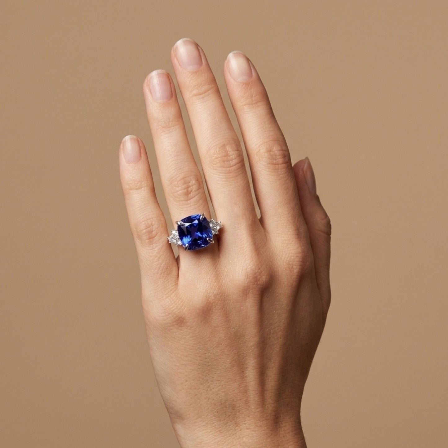 14K 15.30ct Cushion Blue Wing Tanzanite 0.78cttw VS White Diamonds Ring
