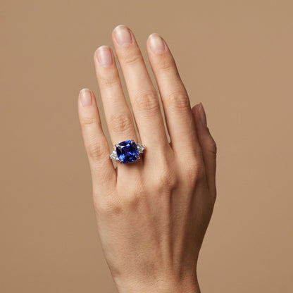 14K 15.30ct Cushion Blue Wing Tanzanite 0.78cttw VS White Diamonds Ring