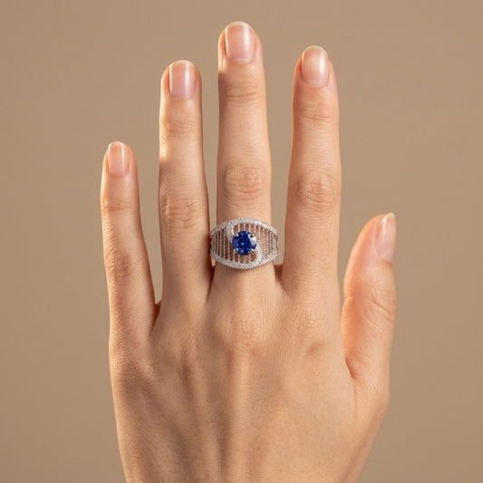 14K 1.52ct Round Cornflower Blue Sapphire 0.28cttw VS White Diamonds Ring