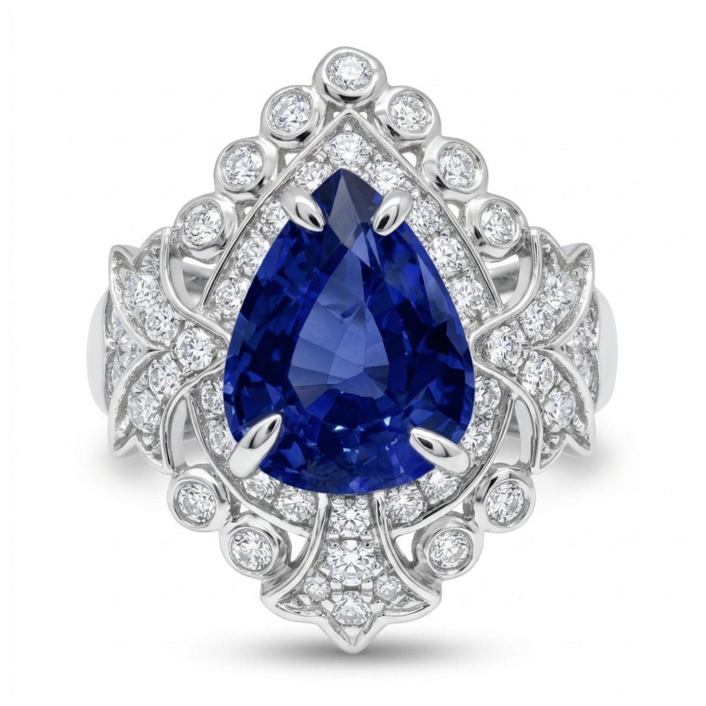 14K 2.39ct Pear Shape Blue Sapphire 0.45cttw VS White Diamonds Ring