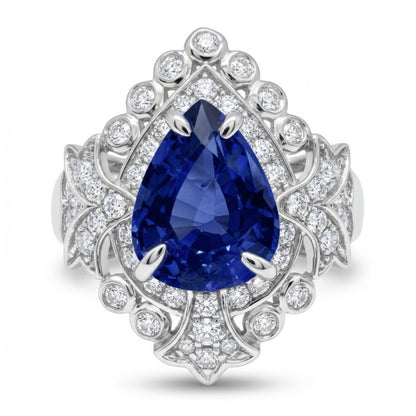 14K 2.39ct Pear Shape Blue Sapphire 0.45cttw VS White Diamonds Ring